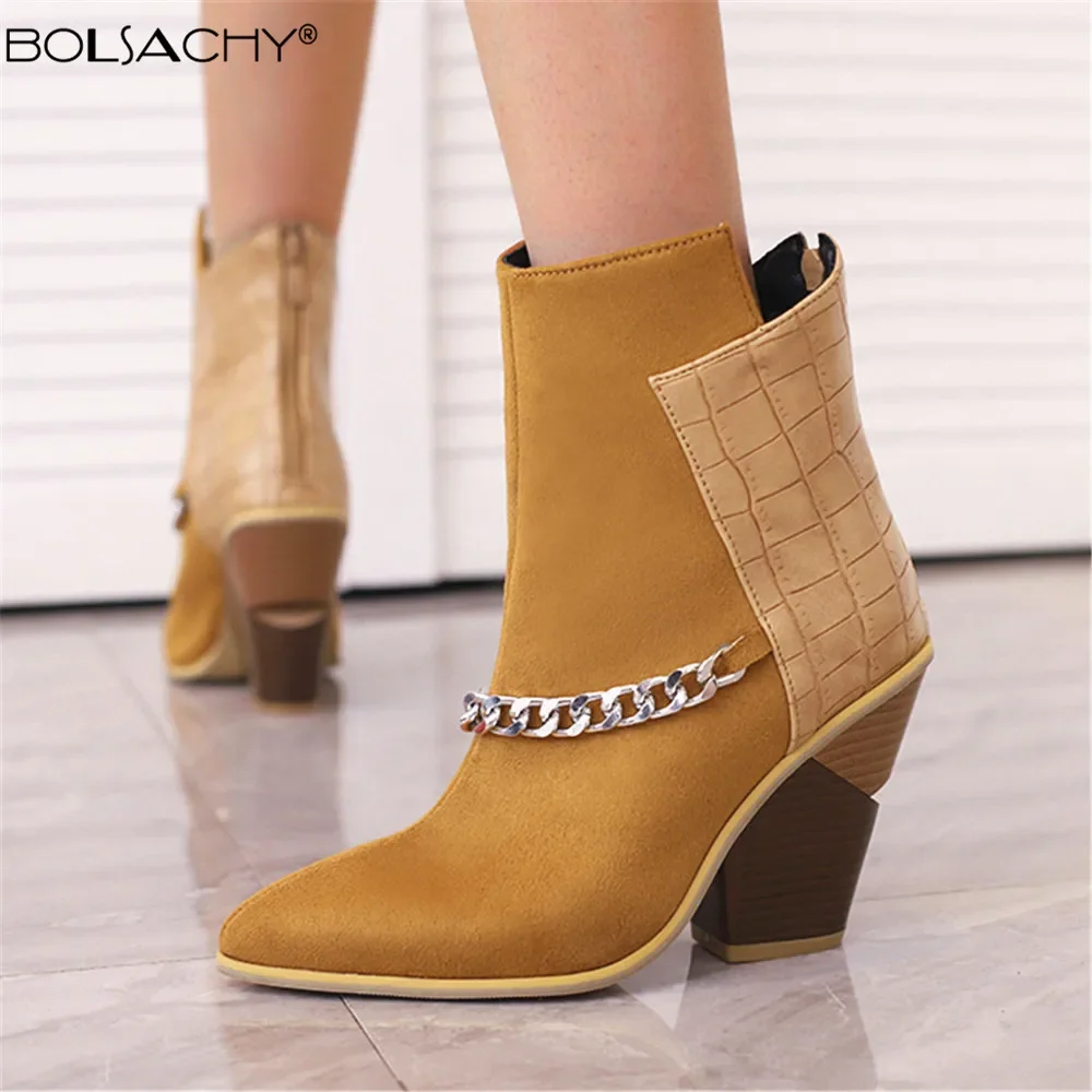 

2025New Women Cowboy Ankle Boots for Ladies Wedge High Heel Boots Chunky Snake Print Chain Zip Stitching Western Cowgirl Booties