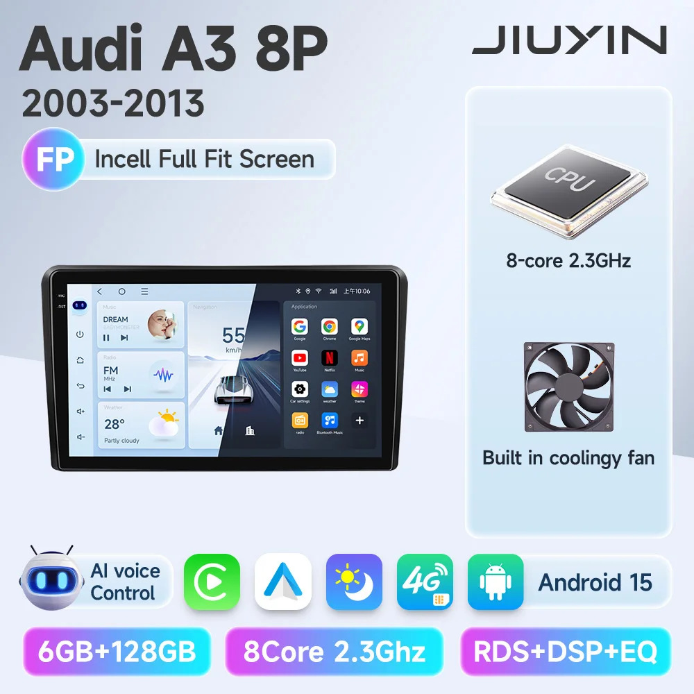 JIUYIN AI Voice Draadloze CarPlay Android Auto Radio Voor Audi A3 8P 2003-2013 4G Auto multimedia GPS 2din autoradio