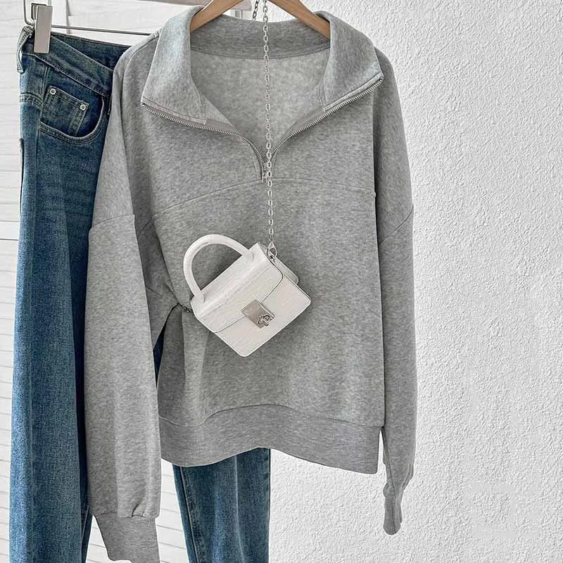 Women Gray Loose Sweatshirts Solid Color Long Sleeve Stand Collar Pullover Female Oversized Drop Shoulder Casual Hoodie Tops