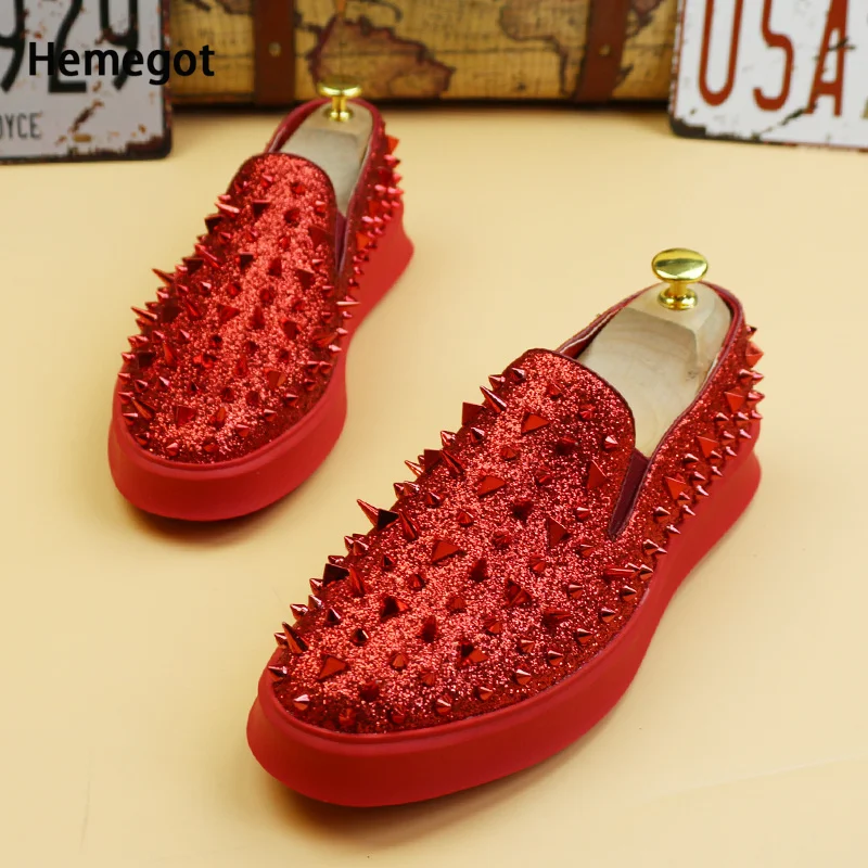 Punk Round Toe Rhinestone Sequin Loafers for Men Casual Shoes Rivet Skateboard Shoes Trendy Flat Slip On Men's Shoes