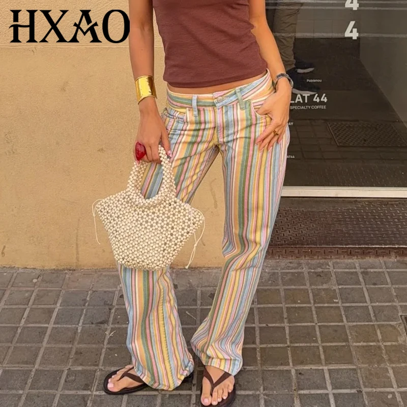 

HXAO Women's Rainbow Striped Jeans Spring Autumn 2026 Straight Wide Leg Low Rise Jeans Denim Trousers Fashion Street Style Pants