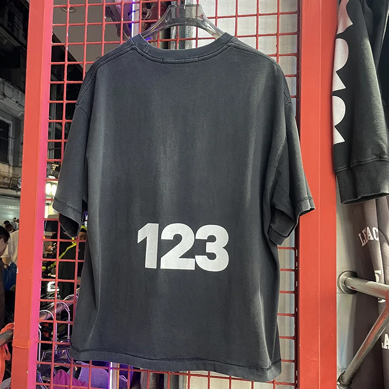 26SS الهيب هوب غسلها الأسود الرسومات شعار طباعة RRR 123 تي شيرت الرجال Womem قصيرة واسعة المحملة القمم 100% القطن RRR 123 تي شيرت العلامات