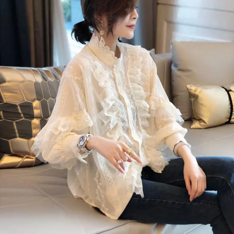 Fashion Solid Color Spliced Lace Embroidery Ruffles Shirts Women's Clothing 2023 Autumn Loose Casual Tops Lantern Sleeve Blouses