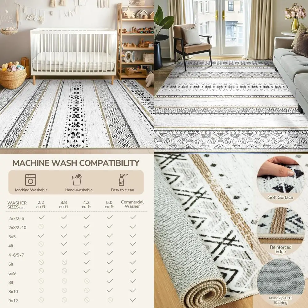 

Moroccan-Style Neutral Geometric Rugs for Living Room, Washable, Soft, Non-Slip, Suitable for Bedroom, Kitchen, Dining Room, and