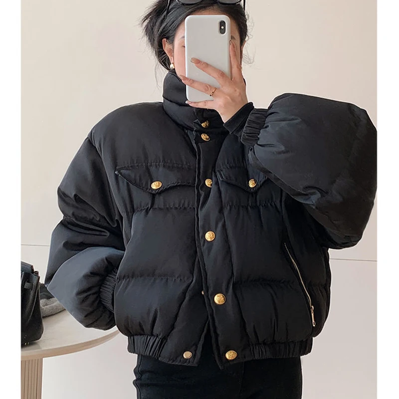 Gidyq Women Korean Parkas Winter Casual Streetwear Female Loose Cropped Puffer Coats Fashion Designed Button Puffy Jacket New