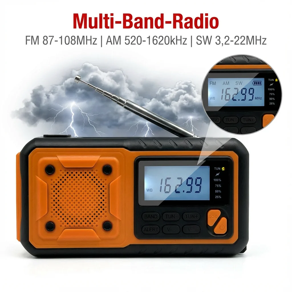 Przenośne radio awaryjne z powerbankiem 10,000 mAh/20,000 mAh, ładowaniem solarnym i korbką ręczną, FM/AM/WB, latarką i kompasem do biwakowania na zewnątrz.