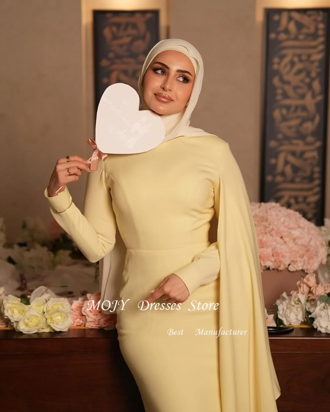 Mojy Blush Yellow Crepe Evening Dresses High Neck Full Sleeves Mermaid Formal Occasion Dress Elegant Prom Gown