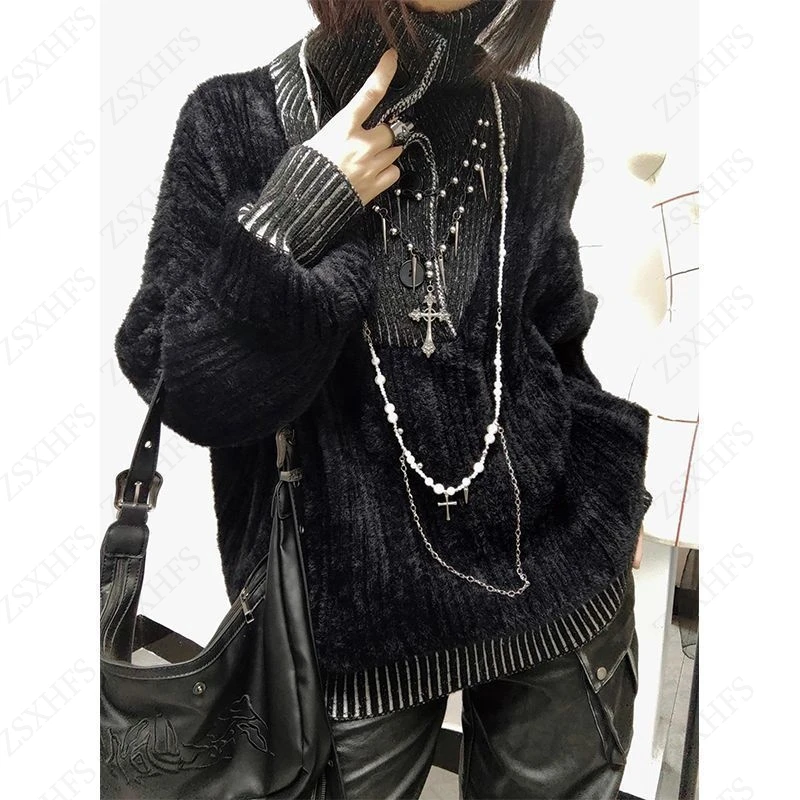 High Street Sweater Y2k Women's Autumn And Winter Splicing Contrasting Color Lapel Stand Up Knit Sweater Loose Design Sense Top