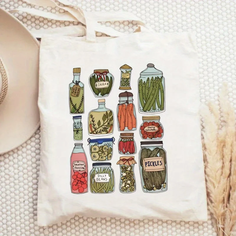 A Vintage Pickles pattern print canvas tote bag, suitable for daily use, shopping, school, and travel