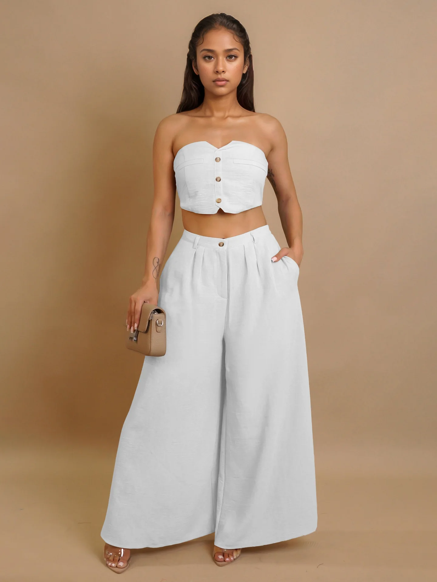 

women set Summer Solid Color sexy stretch Sleeveless strapless crop top and wide-leg pants Casual Two-piece Set Women Clothing