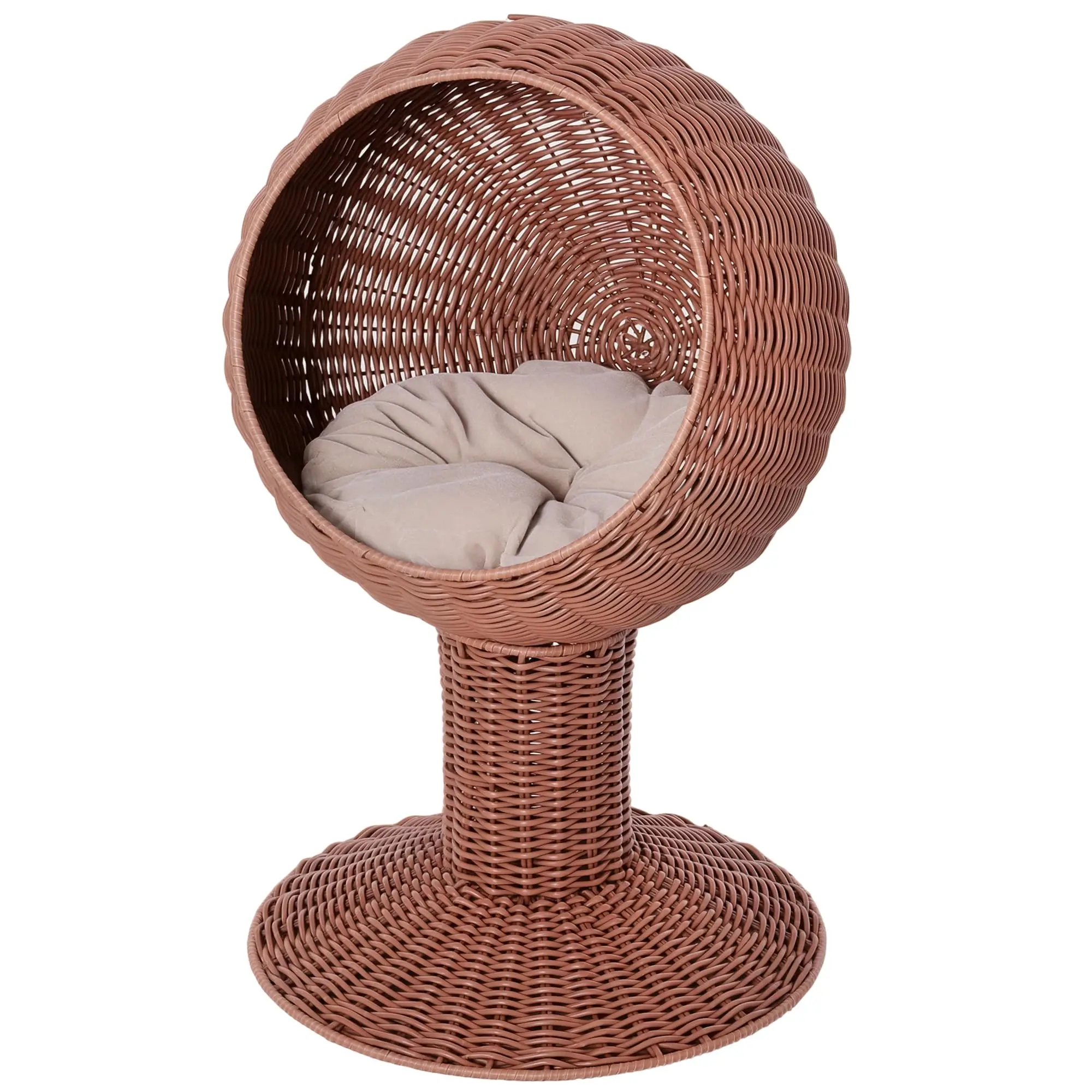 Elevated Cat Bed with Rotatable Egg Chair Pod, Cat Basket Bed with Thick Cushion, Natural Mat Grass Woven Kitty House