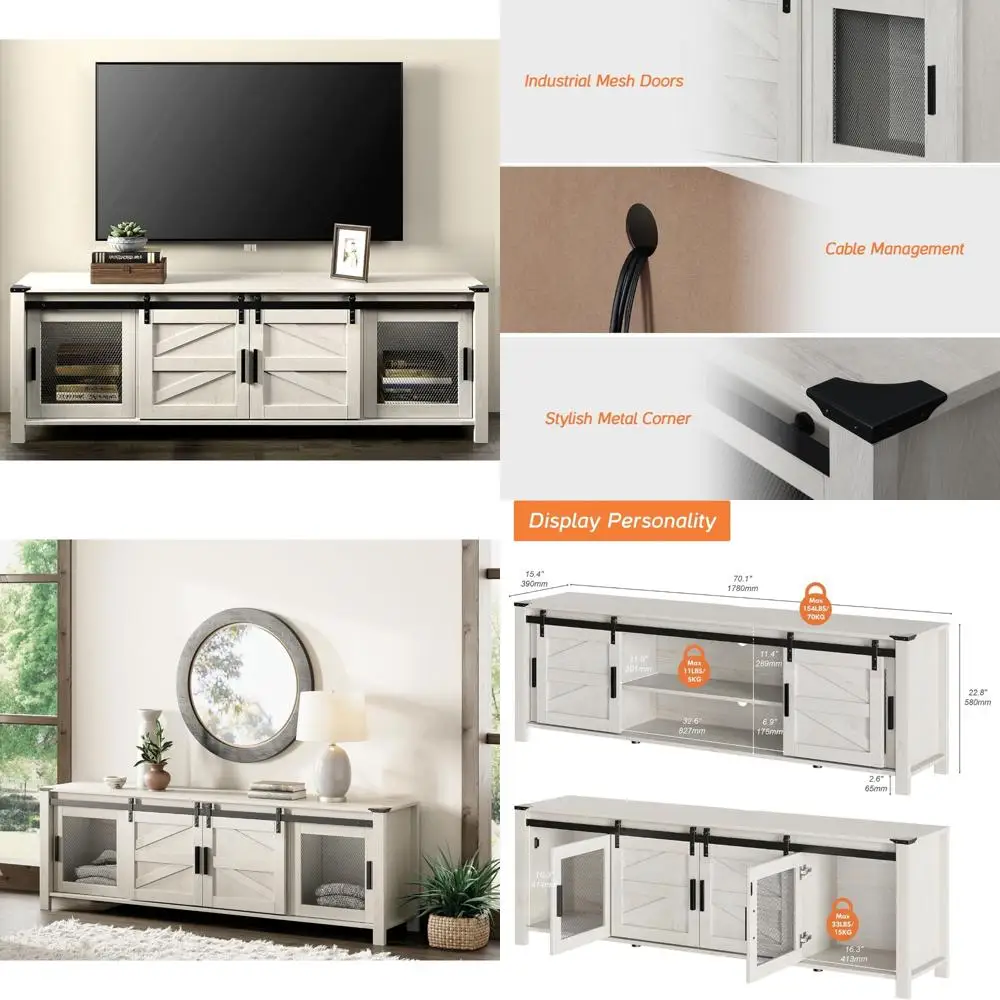 75 inch tv stand with sliding barn door and storage shelf for entertainment center