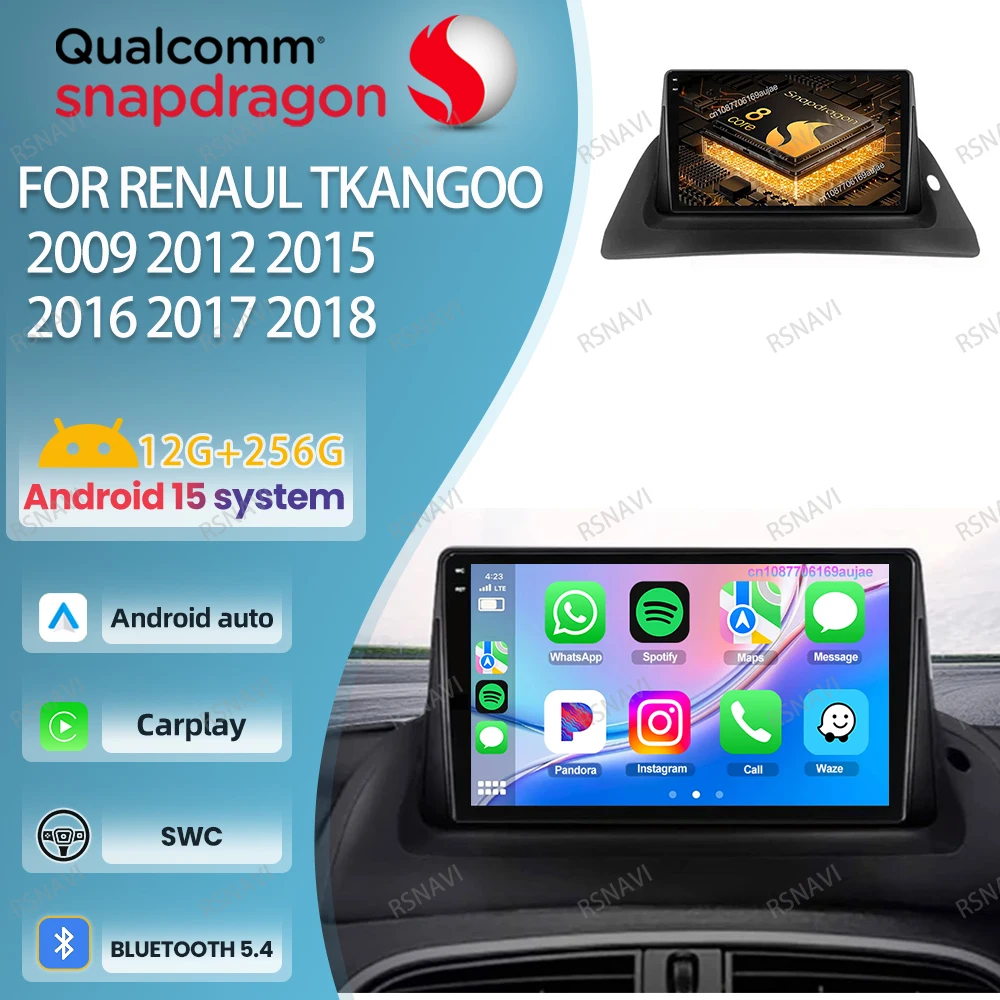 

Car Radio Android 15 For Renaul Tkangoo 2009 2012 2015 2016 2017 2018 QLED 5G WIFI Wireless Carplay Auto Qualcomm Viedo Player