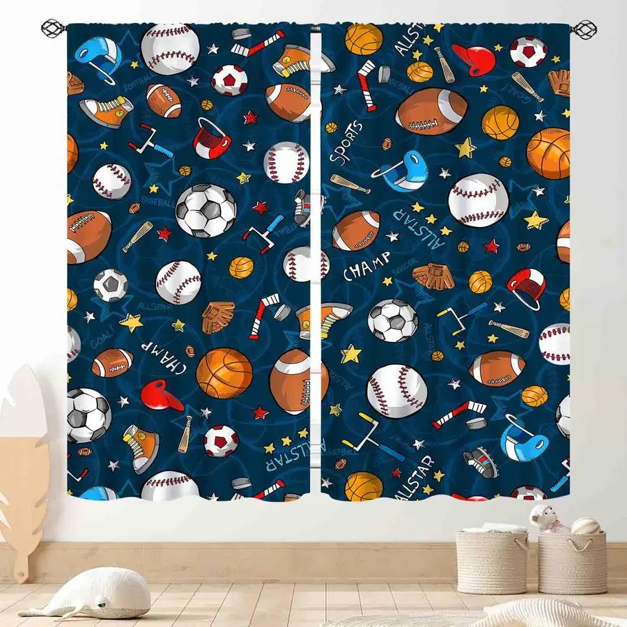 

Boys Curtains for Bedroom, Kids Basketball Soccer Football Baseball Sports Ball Game Navy Blue Blackout Window Drapery Treatment