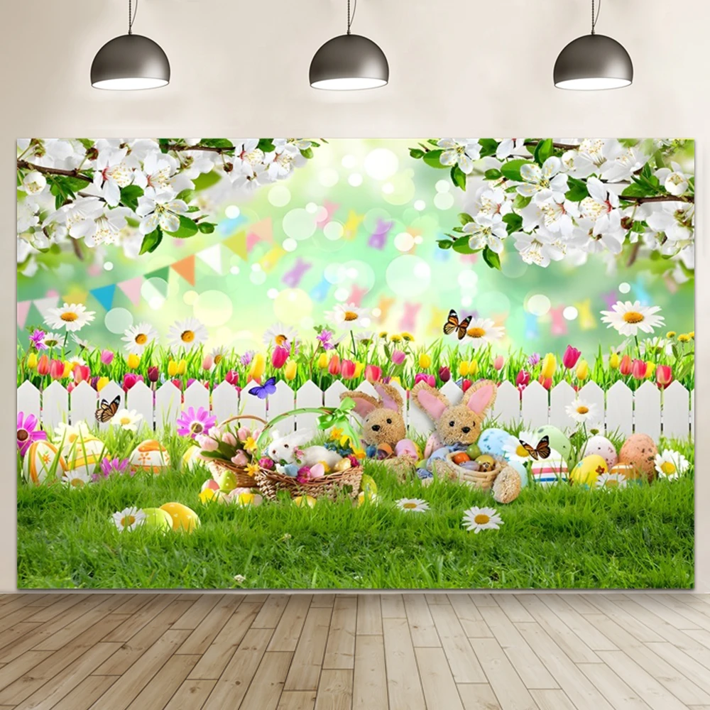 부활절 장식 정원 계란 배경 용수철 울타리 벚꽃 나무 다채로운 계란 바구니, 아이 초상화 배경 사진 스튜디오