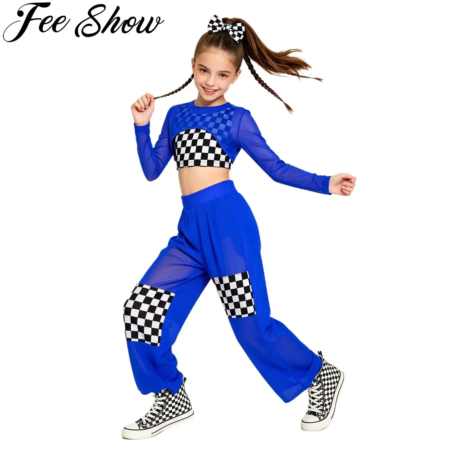 Children Girls Race Car Driver Costume Jazz Hip Hop Street Dance Outfit Mesh Crop Top with Checkerboard Print Vest Sports Pants
