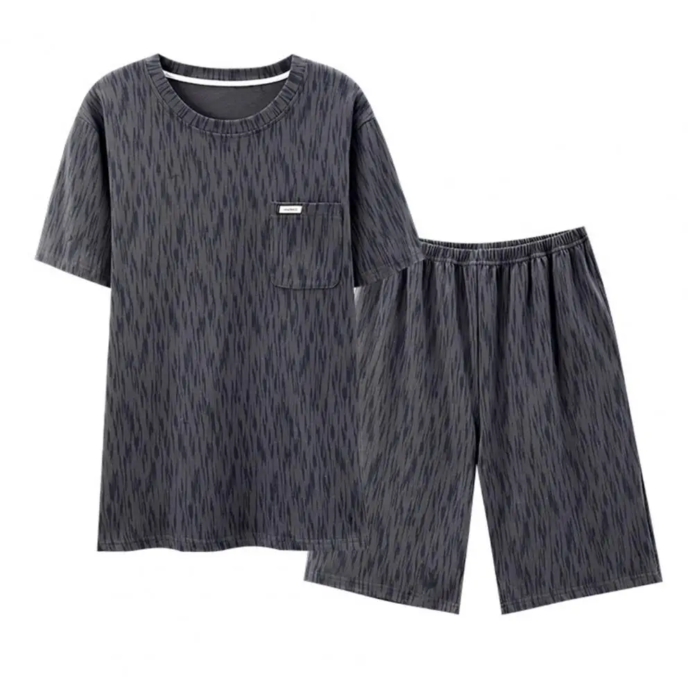 Printing Sleepwear Set Men's Summer Loungewear Set with O-neck Short Sleeve T-shirt Elastic Waist Wide Leg Shorts for Relaxing