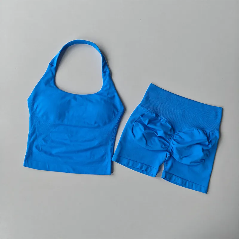 Damen-Sport-BH-Set mit Halsband, schöner Rücken, Yoga-Anzug, zweiteiliges Top, hochtailliertes, hüftformendes Fitness- und Gym-Set, Shorts-Sets – Detail 15