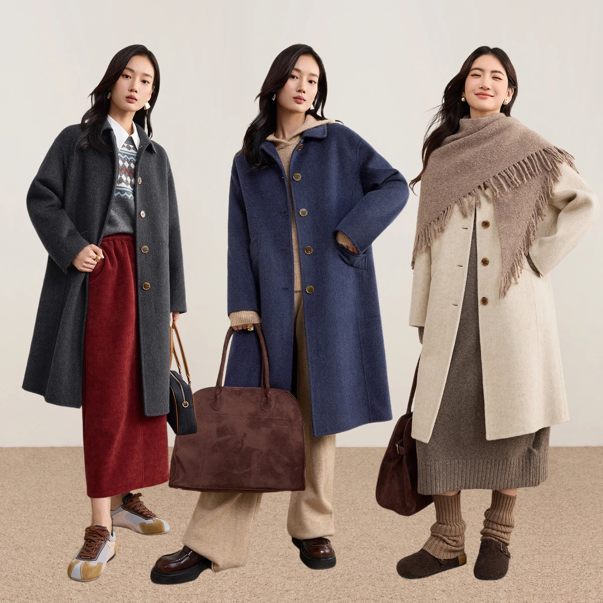 SENTUBILA Double-Faced Wool Overcoat Women 2026 Winter Polo Neck Long Sleeve Outerwear Loose Commute Ladies Long Coat  W54OC2732