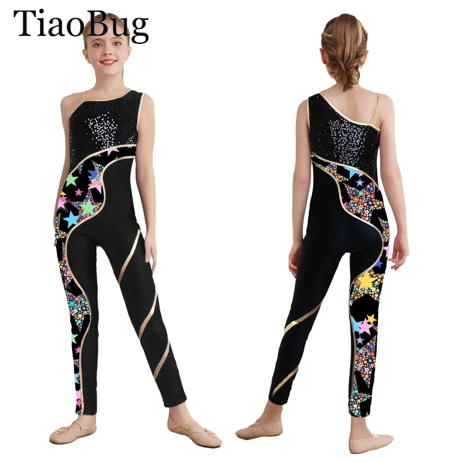 

Kids Girls Figure Skating Dance Leotard Sleeveless Gymnastic Jumpsuit Shiny Sequins Print Full Length Bodysuit Ballet Workouts