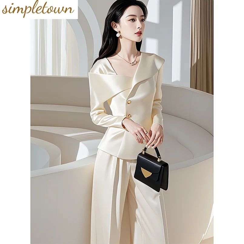 

Fashion Women's Suit Spring and Autumn Korean Version White Satin Suit Wide Leg Pants Professional Two-piece Set