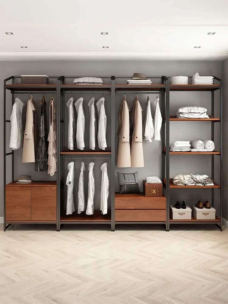 Open Doorless Wardrobe Home Bedroom Wrought Iron Cloakroom Shelves Shelves Walk-in Solid Wood Wardrobe Floor