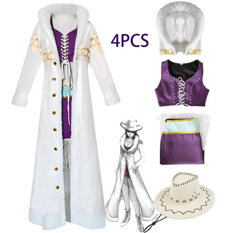

Anime Nico Robin Cosplay Costume Miss Allsunday Hat Large Fur Collar White Cape Windbreaker Woman Sexy Halloween Carnival Suit