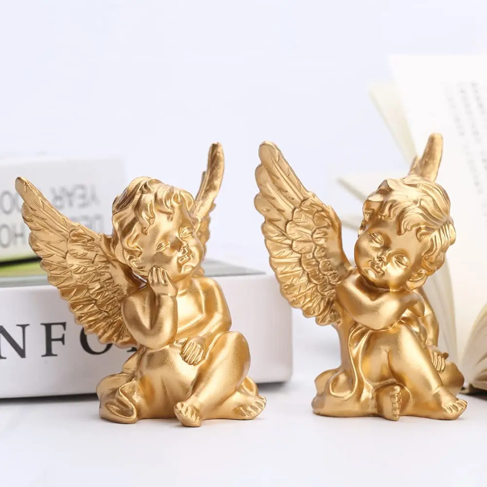 2 Pcs Resin Cherub Gold Angel Statue Garden Sleeping Figurine Indoor Outdoor Home Decoration Cute Angel Memorial Sculpture