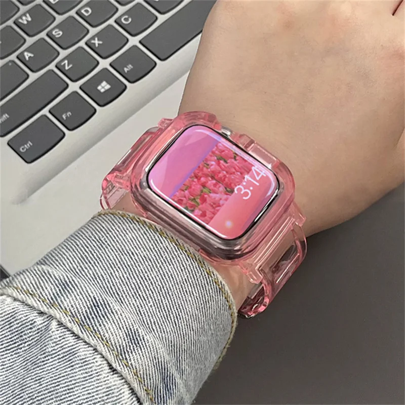 Korea Cute Pink Clear Sports Silicone Case + Strap For Apple Watch Band 49mm 45 44 41 42 Correa Band For Watch Series 8 7 SE 6 5