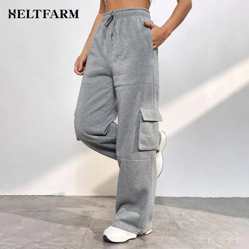 

2024 Women's New Autumn Winter Fleece Cargo Pants Pocket Strap Straight Casual Patchwork Wide Leg Joggers Baggy Sweatpants