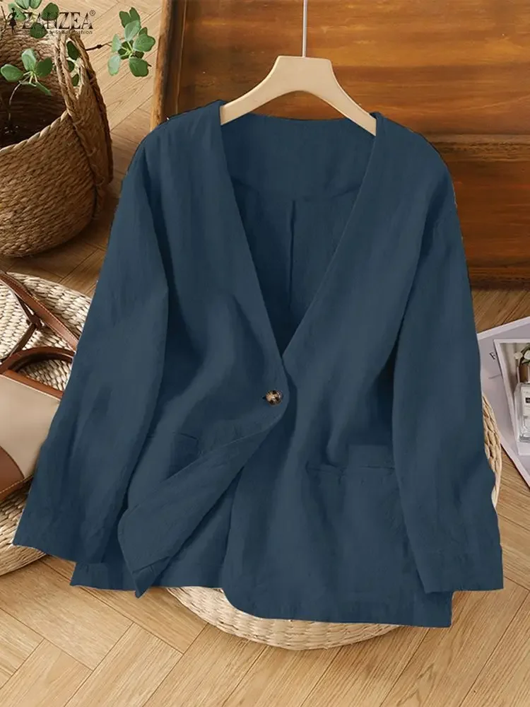 

ZANZEA Women Elegant Blazer Autumn Long Sleeve Pockets Solid Coats 2025 Fashion V-Neck Office Streetwear Casual Loose Shirts