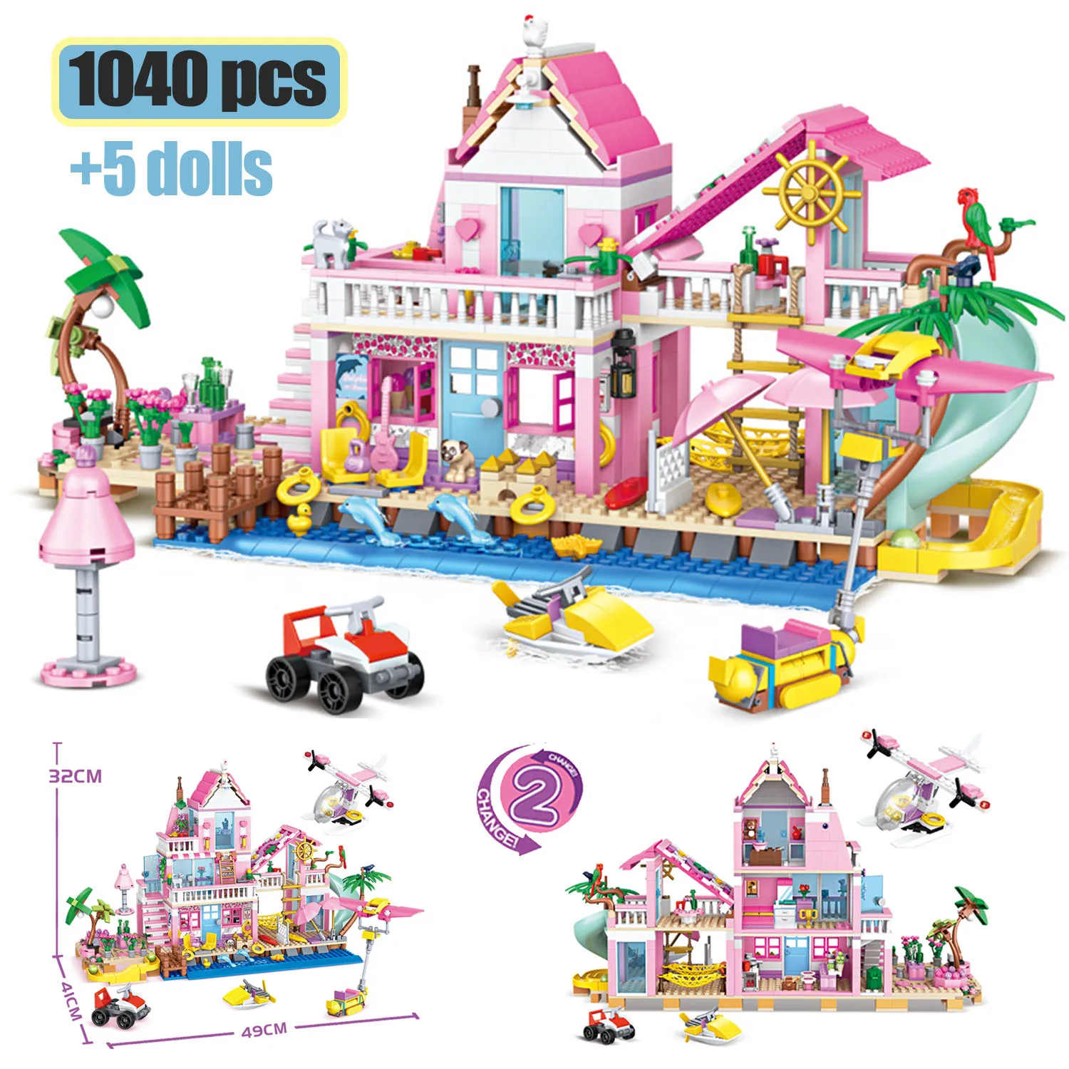 1040Pcs 2 in1 City Summer Holiday Seaside Villa Apartment Building Blocks Friends Slide Helicopter Car Figures Bricks Toys Gifts
