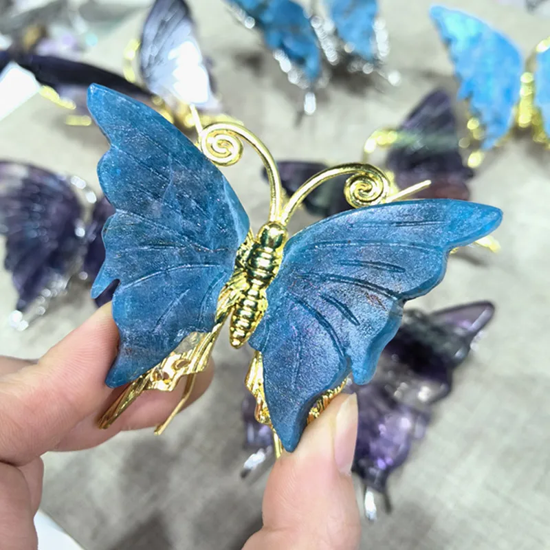 Natural Rainbow Fluorite Butterfly Crystal Carving Home Decor