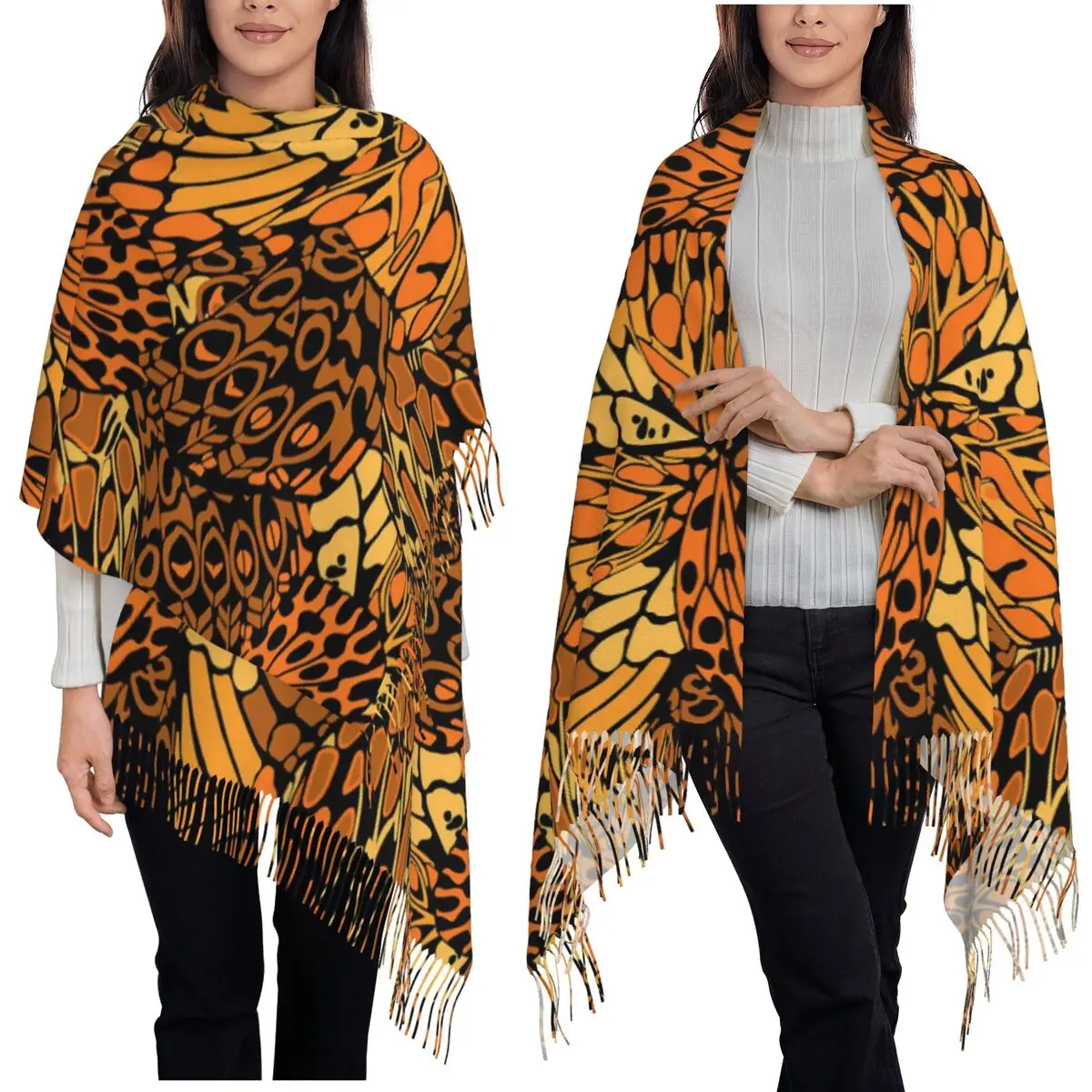 

Оранжевый шарф-бабочка с монархом, шарфы с кисточками, женские мягкие теплые шали и накидки, длинная осенне-зимняя шаль