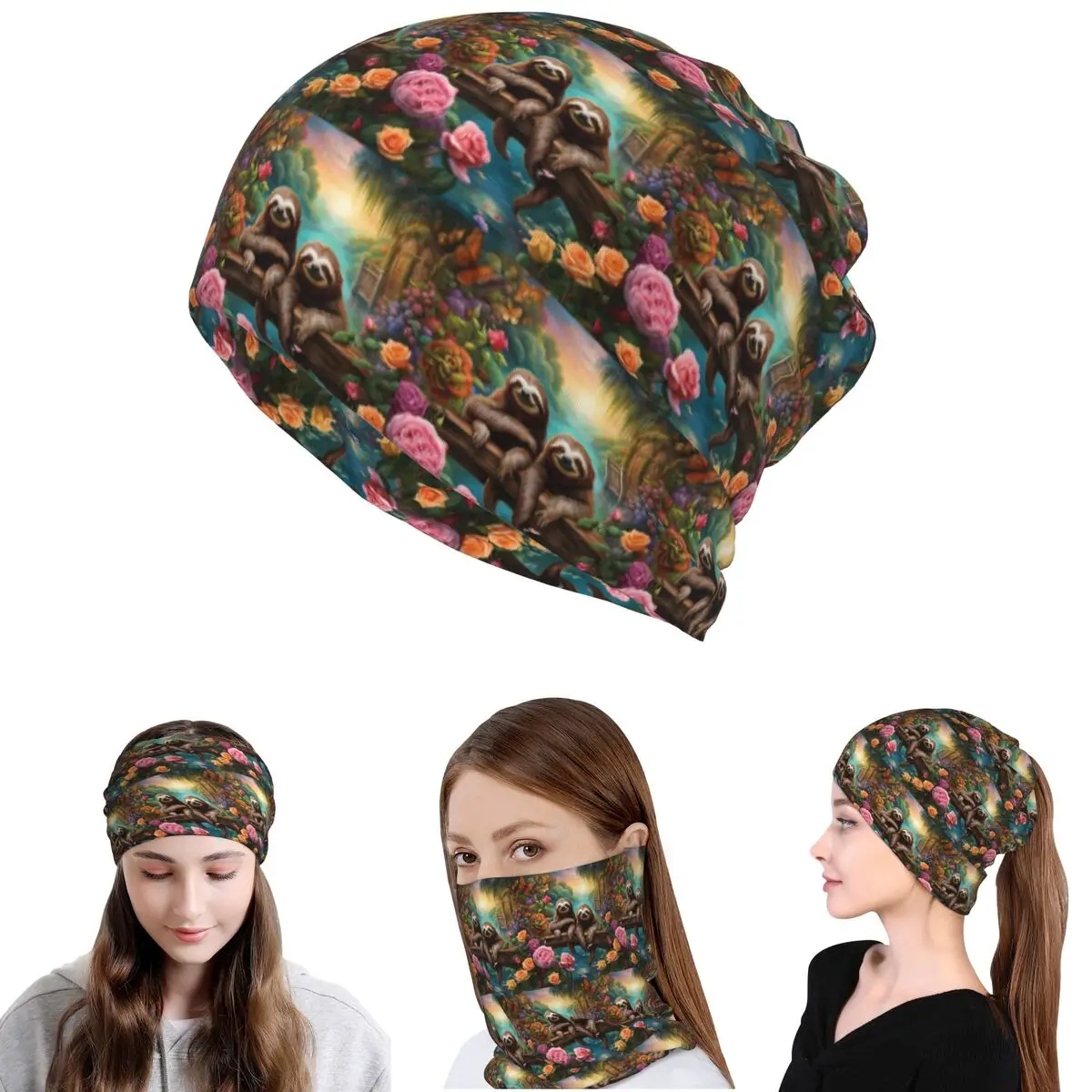 Lovely Sloth Print Bandana Neck Gaiter Mask Scarf Multi-use Balaclava Beanies Hat for Men Women Adult All Season