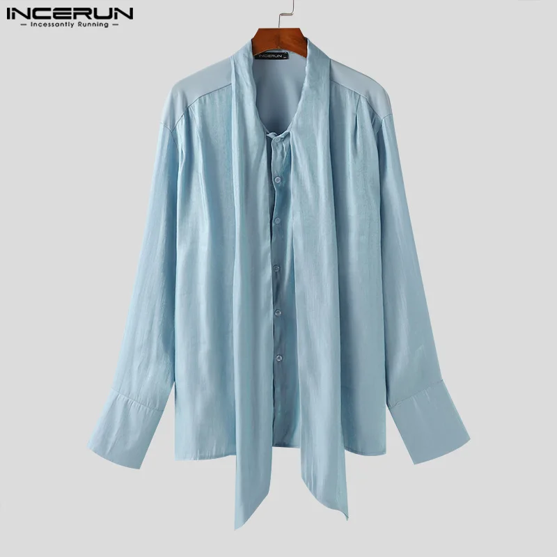 INCERUN Men Shirt Solid Color Shiny Lace Up Long Sleeve Button Loose Men Clothing Streetwear 2024 Korean Fashion Casual Shirts