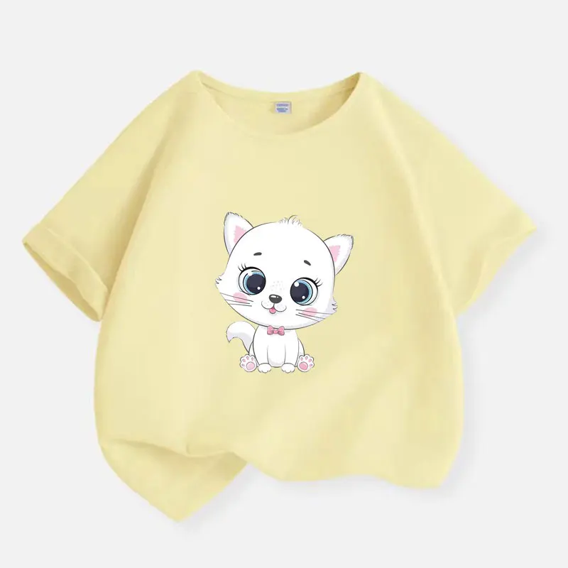 T-shirt simpatico gatto per ragazze T-shirt per bambini in cotone Casual Abbigliamento casual per bambini Adolescente Neonata Cartoon Y2K Top 6 8 10 12 anni