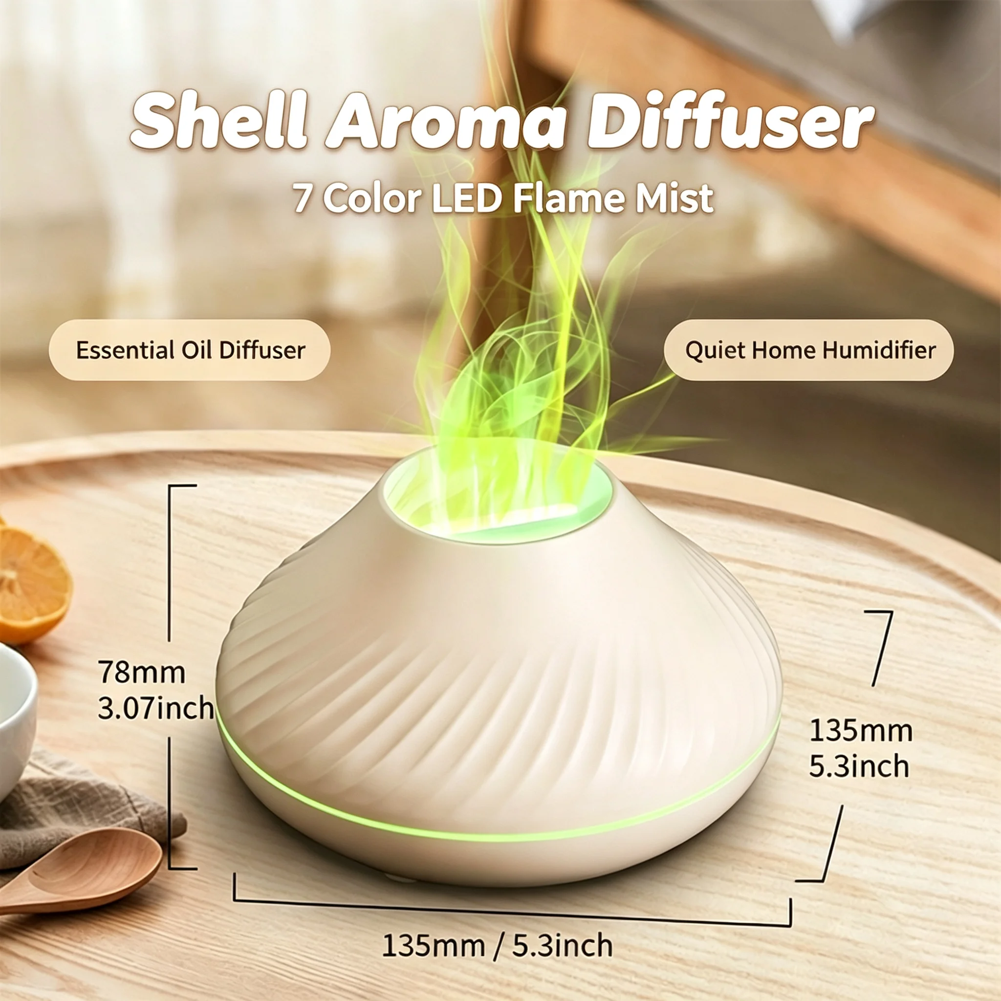 Shell Shape Aroma Diffuser 7‑Color Flame LED Light Ultrasonic Humidifier Quiet Essential Oil Mist for Home Bedroom Decor Gift