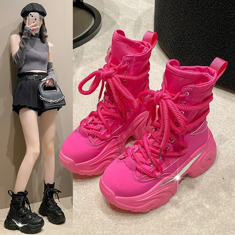 

Women Ankle Boots Spring Autumn Chunky Shoes Woman High Heels Platform Breathable Sneakers Thick Sole Wedges Motorcycles Botas