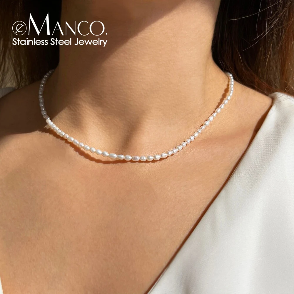 eManco 3MM Imitation Pearl Necklace Oval White Stainless Steel Necklace Women's Collarbone Chain