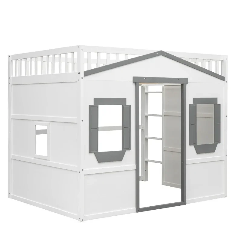 Full Size House Loft Bed With Ladder-White+Gray Frame Easy to assemble, for indoor bedroom furniture