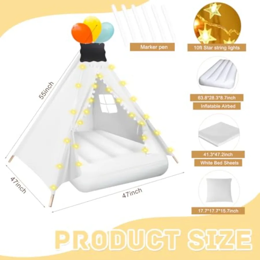 เต็นท์ทีพี 6 ชิ้น พร้อมไฟประดับ เตียงลมเป่าลม ผ้าปูที่นอนแบบรัดรูป และกระดานดำขนาดเล็กสำหรับเด็กชายและเด็กหญิง