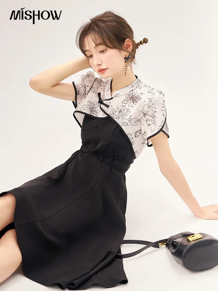 

MISHOW Black Suspender Dress for Women 2023 Summer Retro Chinese Style Improved Cheongsam Temperament Two-piece Set MXC38T0126