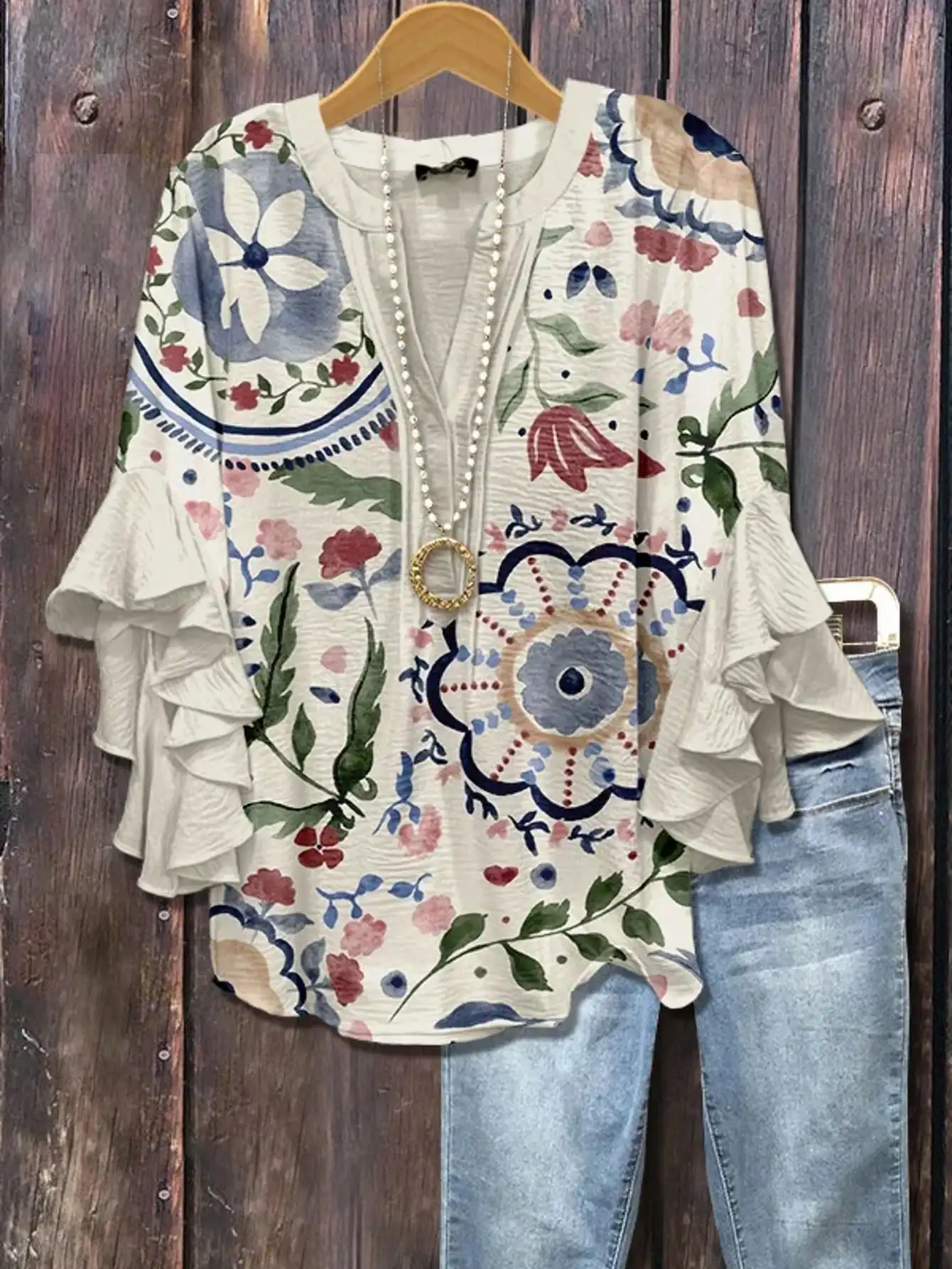 

Женская блузка с цветочным и пайсли-принтом, с рукавами-рюшами и V-образным вырезом, повседневный топ