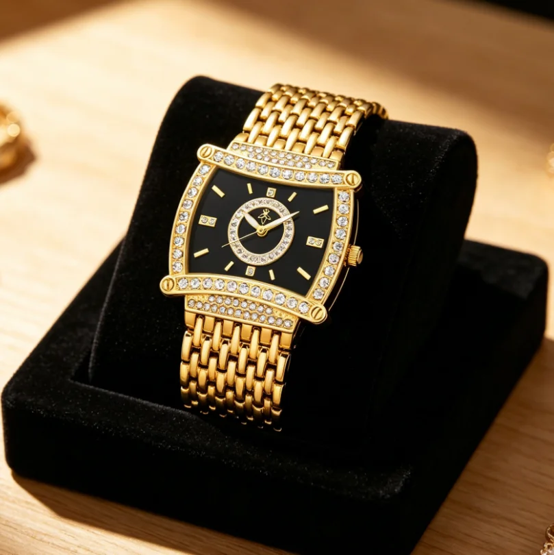 

YaLaLuSi Women Luxury Diamond Square Watch Gold Metal Bracelet Waterproof Quartz Wristwatch Black Dial Elegant Ladies Dress Watch Jewelry Gift Free Shipping