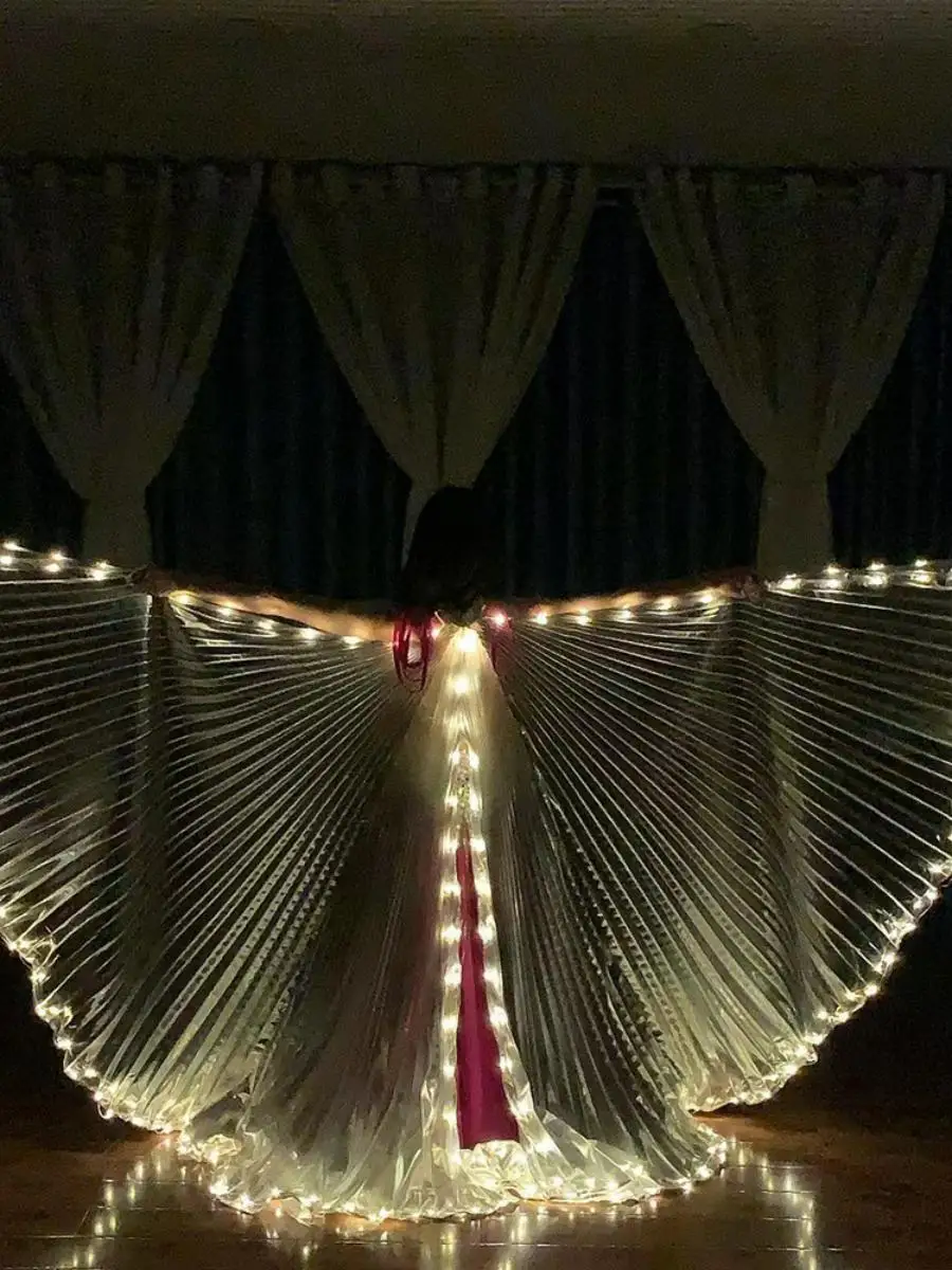 ชุดคลุมปีกเรืองแสง LED สีเงินเหลือง สำหรับการแสดงระบำหน้าท้องในวันฮาโลวีน