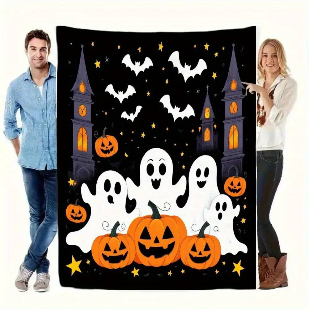 Flannel Halloween Throw Blanket Black Orange Haunted House Print with Ghost Bat Pumpkin, Washable All Season Sofa Bed ,