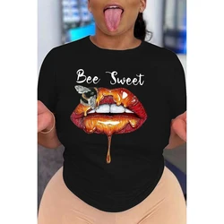 Plus Size Summer Casual Black Bee Letter Print O Neck Short Sleeve T-shirts Women Ladies Clothes Tops