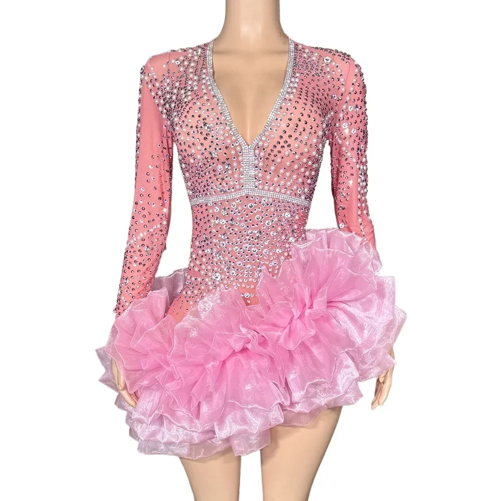 

Sparkly Pink Sheer Pearls Rhinestones Short Dress for Women Sexy Deep V Neck Performance Dance Costume Stage Wear Photo Shoot