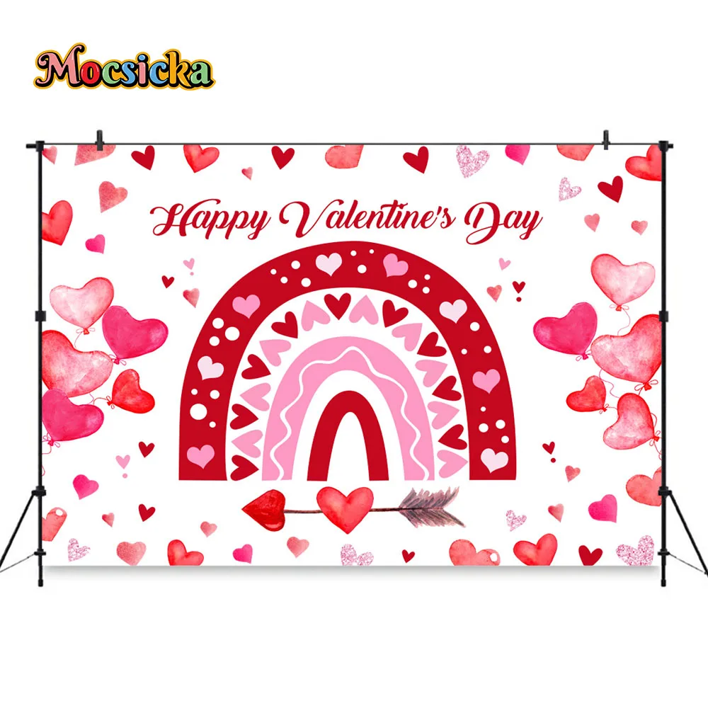 Fondo rosa de ensueño para el Día de San Valentín, decoración de globos de amor de arcoíris, papel tapiz de fondo brillante, fotomatón para Festival de amantes